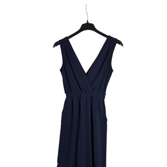 Monteau Womens Navy Jumpsuit Wide Leg Side Slits Elastic Waist V-Neck Stretch Si - Picture 2 of 10